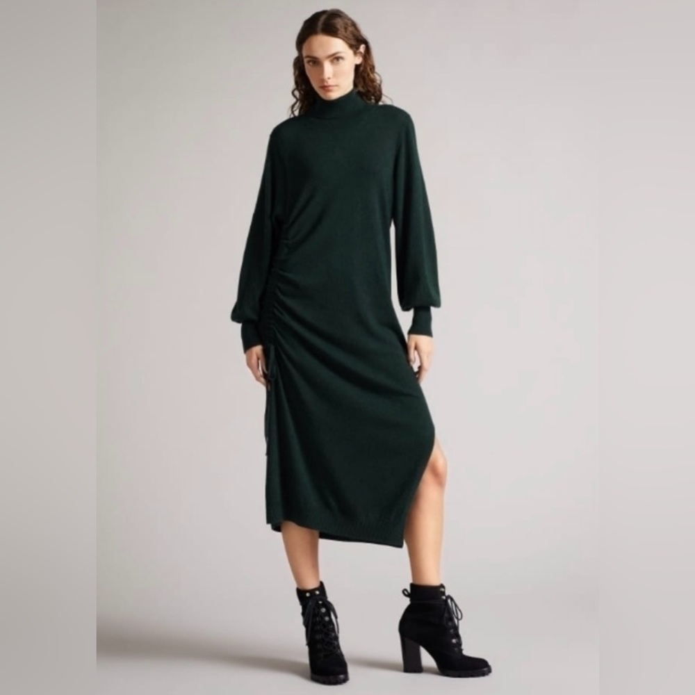 Ted Baker Aavvaa balloon sleeve wool cotton knitted sweater dress side slit